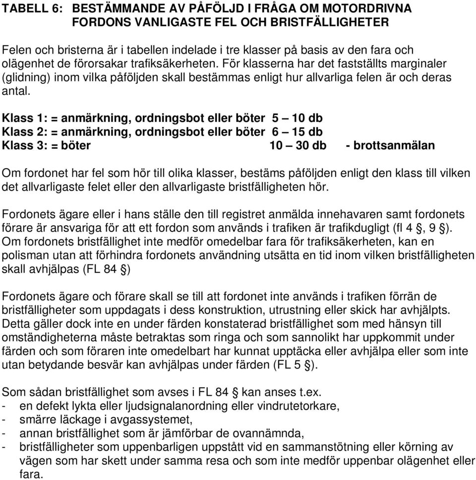 Klass 1: = anmärkning, ordningsbot eller böter 5 10 db Klass 2: = anmärkning, ordningsbot eller böter 6 15 db Klass 3: = böter 10 30 db - brottsanmälan Om fordonet har fel som hör till olika klasser,