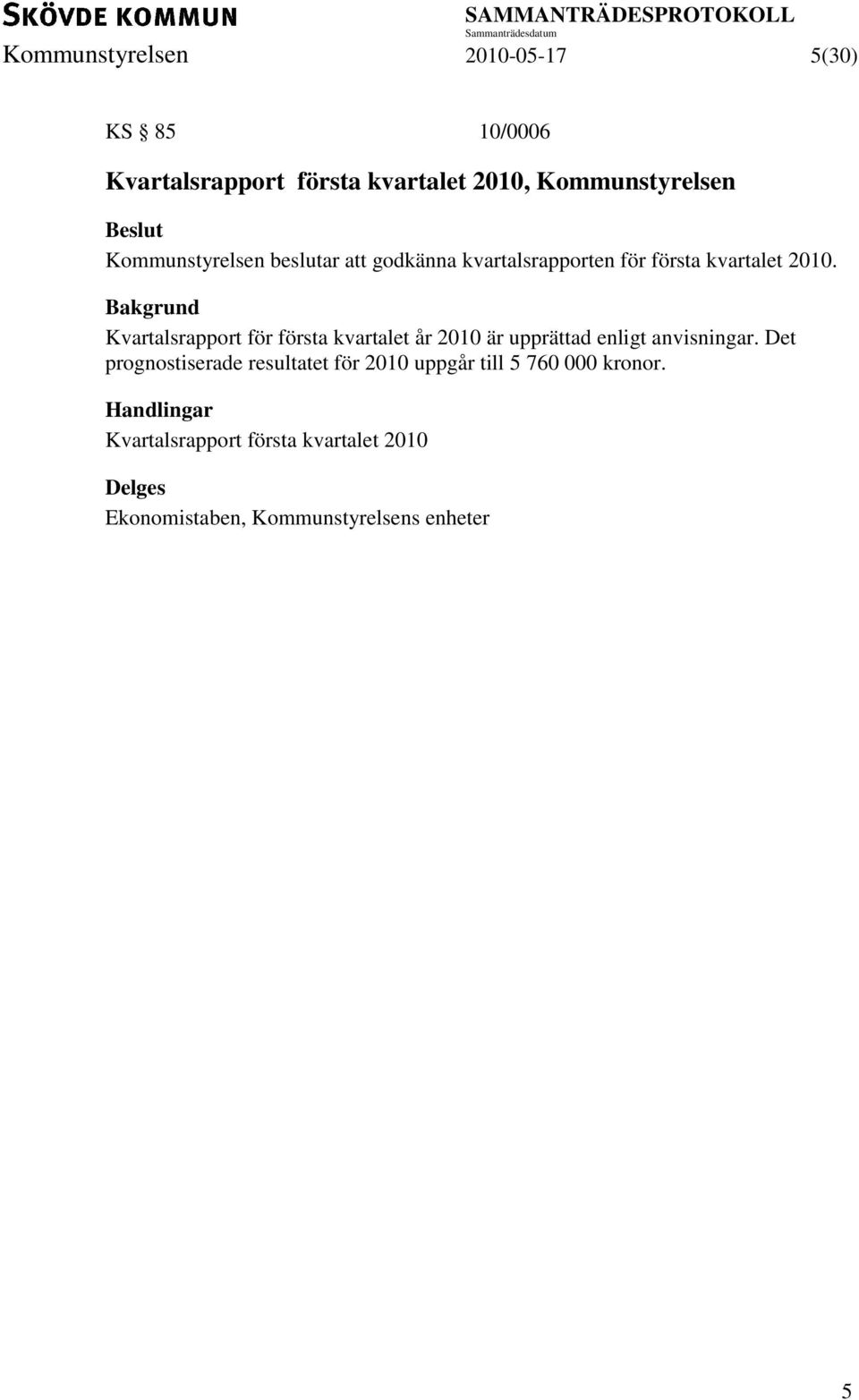 Kvartalsrapport för första kvartalet år 2010 är upprättad enligt anvisningar.