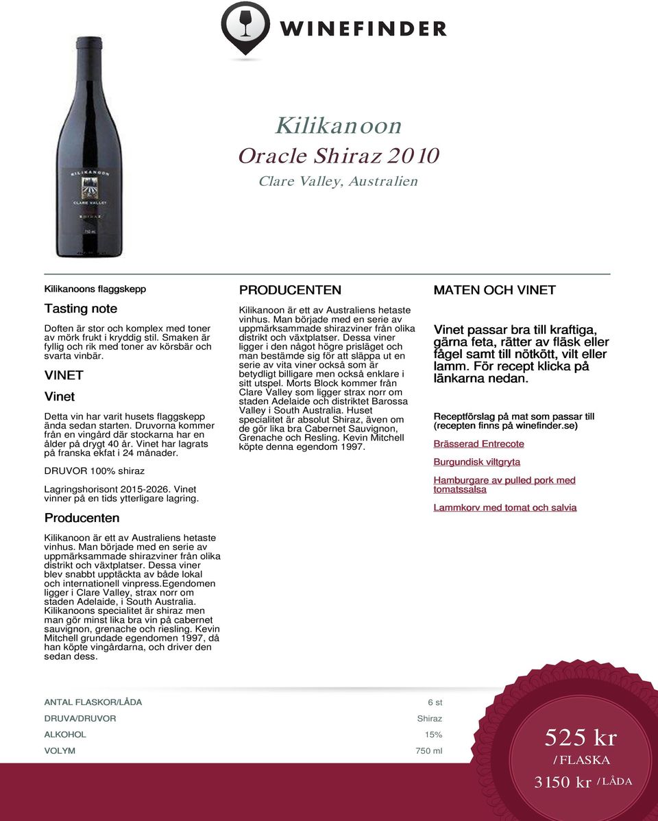 Druvorna kommer från en vingård där stockarna har en ålder på drygt 40 år. Vinet har lagrats på franska ekfat i 24 månader. DRUVOR 100% shiraz Lagringshorisont 2015-2026.