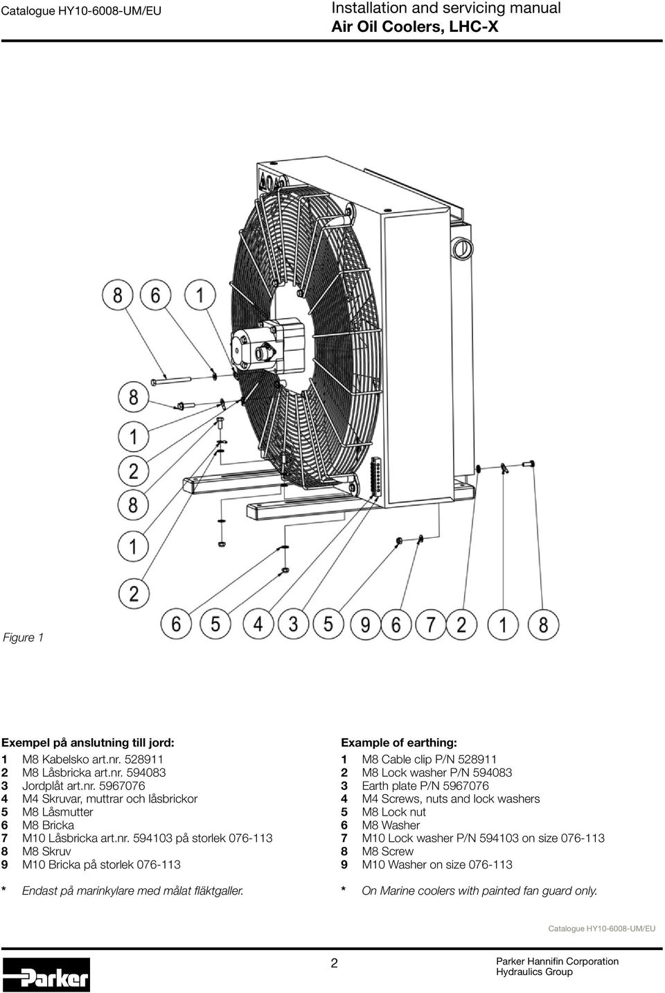 Example of earthing: 1 M8 Cable clip P/N 528911 2 M8 Lock washer P/N 594083 3 Earth plate P/N 5967076 4 M4 Screws, nuts and lock washers 5 M8 Lock nut 6 M8 Washer 7 M10