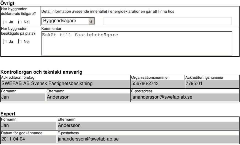 Kontrollorgan och tekniskt ansvarig Ackrediterat företag SWEFAB AB Svensk Fastighetsbesiktning Förnamn Jan Efternamn Andersson