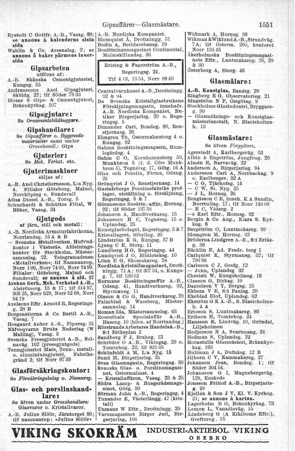 Byggnadsmterialier samt under Grosshandl : Gips Gjuterier: Se Mok. Verkst. et0. Gjuterimaskiner siiljas af : A..B. Axel Christiernsson, L:a Nyg. 4. Filialer Göteborg, Malmo, Norrköping o.