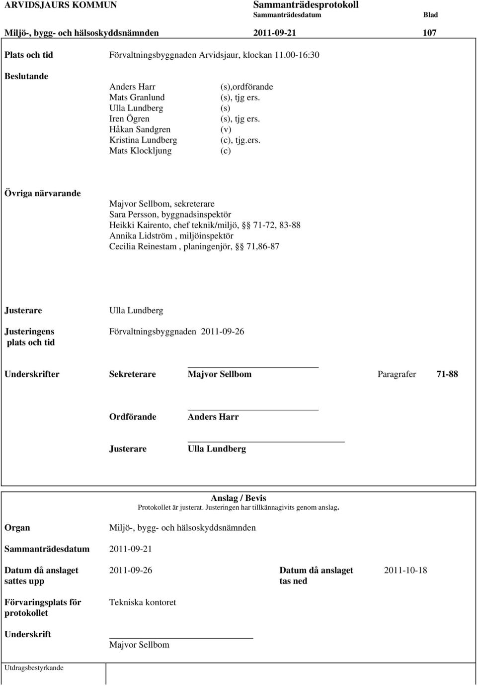Harr Mats Granlund Ulla Lundberg Iren Ögren Håkan Sandgren Kristina Lundberg Mats Klockljung (s),ordförande (s), tjg ers.