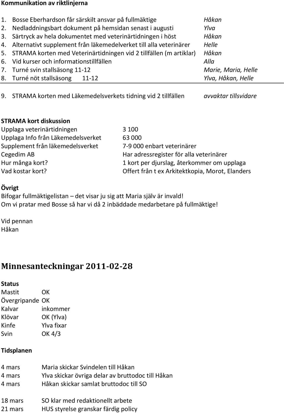 STRAMA korten med Veterinärtidningen vid 2 tillfällen (m artiklar) 6. Vid kurser och informationstillfällen Alla 7. Turné svin stallsäsong 11-12 Marie, Maria, Helle 8.