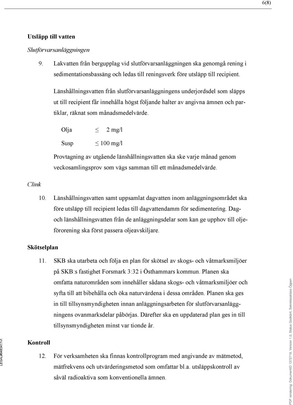 Länshållningsvatten från slutförvarsanläggningens underjordsdel som släpps ut till recipient får innehålla högst följande halter av angivna ämnen och partiklar, räknat som månadsmedelvärde.