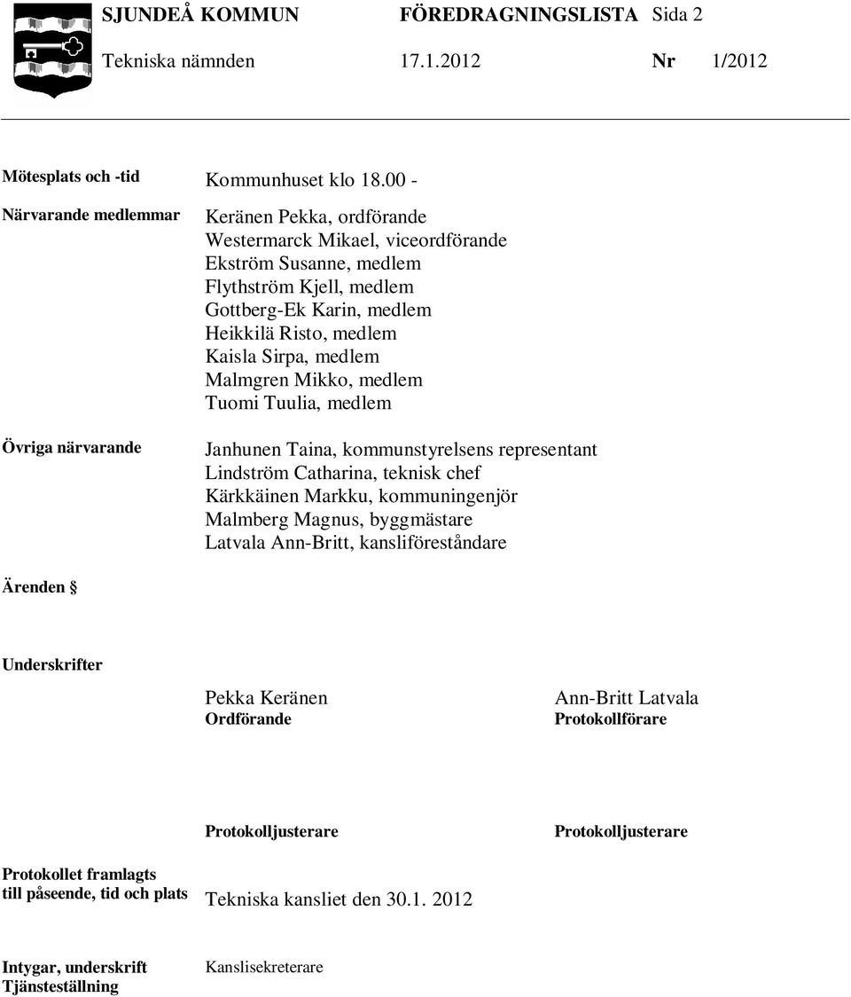Malmgren Mikko, medlem Tuomi Tuulia, medlem Janhunen Taina, kommunstyrelsens representant Lindström Catharina, teknisk chef Kärkkäinen Markku, kommuningenjör Malmberg Magnus, byggmästare