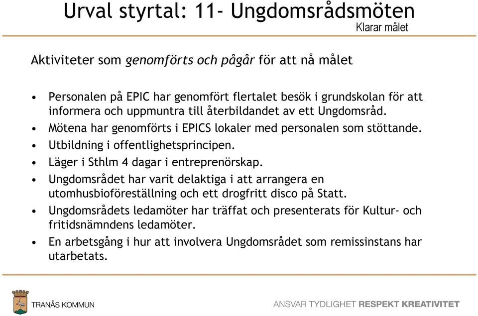 Läger i Sthlm 4 dagar i entreprenörskap. Ungdomsrådet har varit delaktiga i att arrangera en utomhusbioföreställning och ett drogfritt disco på Statt.