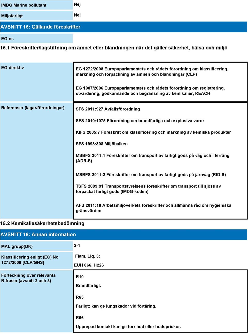 1 Föreskrifter/lagstiftning om ämnet eller blandningen när det gäller säkerhet, hälsa och miljö EG-direktiv EG 1272/2008 Europaparlamentets och rådets förordning om klassificering, märkning och