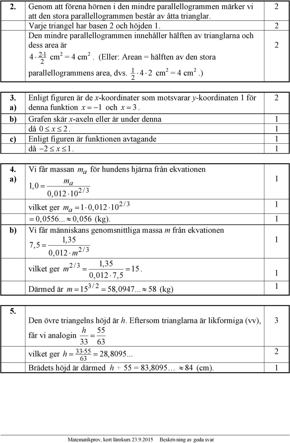 Enligt figuren är de x-koordinater som motsvarar y-koordinaten för denna funktion x och x 3. b) Grafen skär x-axeln eller är under denna då 0 x. c) Enligt figuren är funktionen avtagande då x. 4.