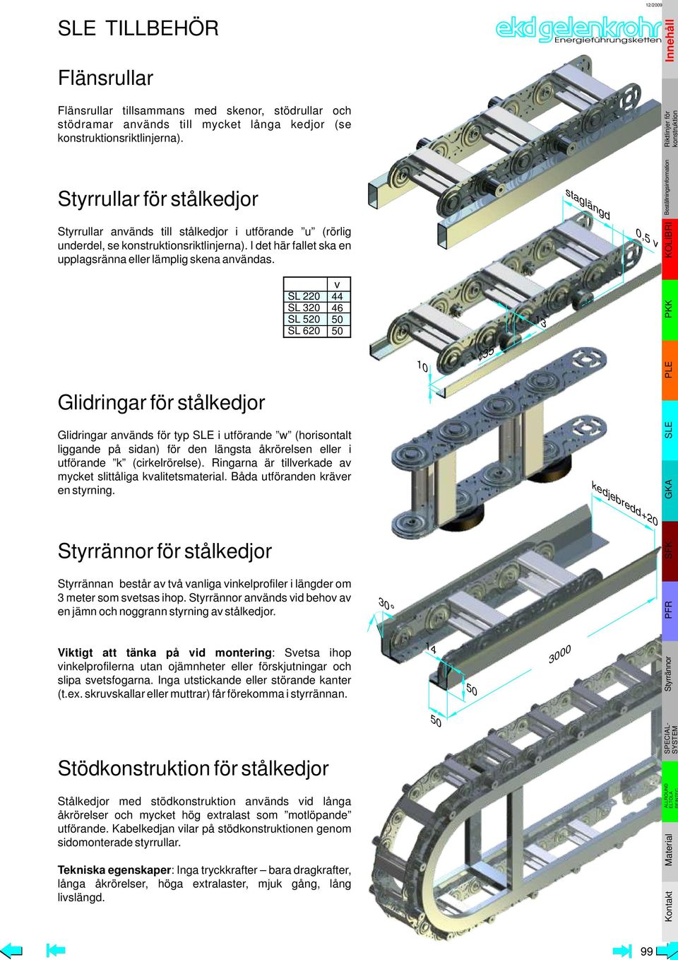 Glidringar för stålkedjor SL 220 SL 320 SL 520 SL 620 v 44 46 50 50 Glidringar används för typ SLE i utförande w (horisontalt liggande på sidan) för den längsta åkrörelsen eller i utförande k