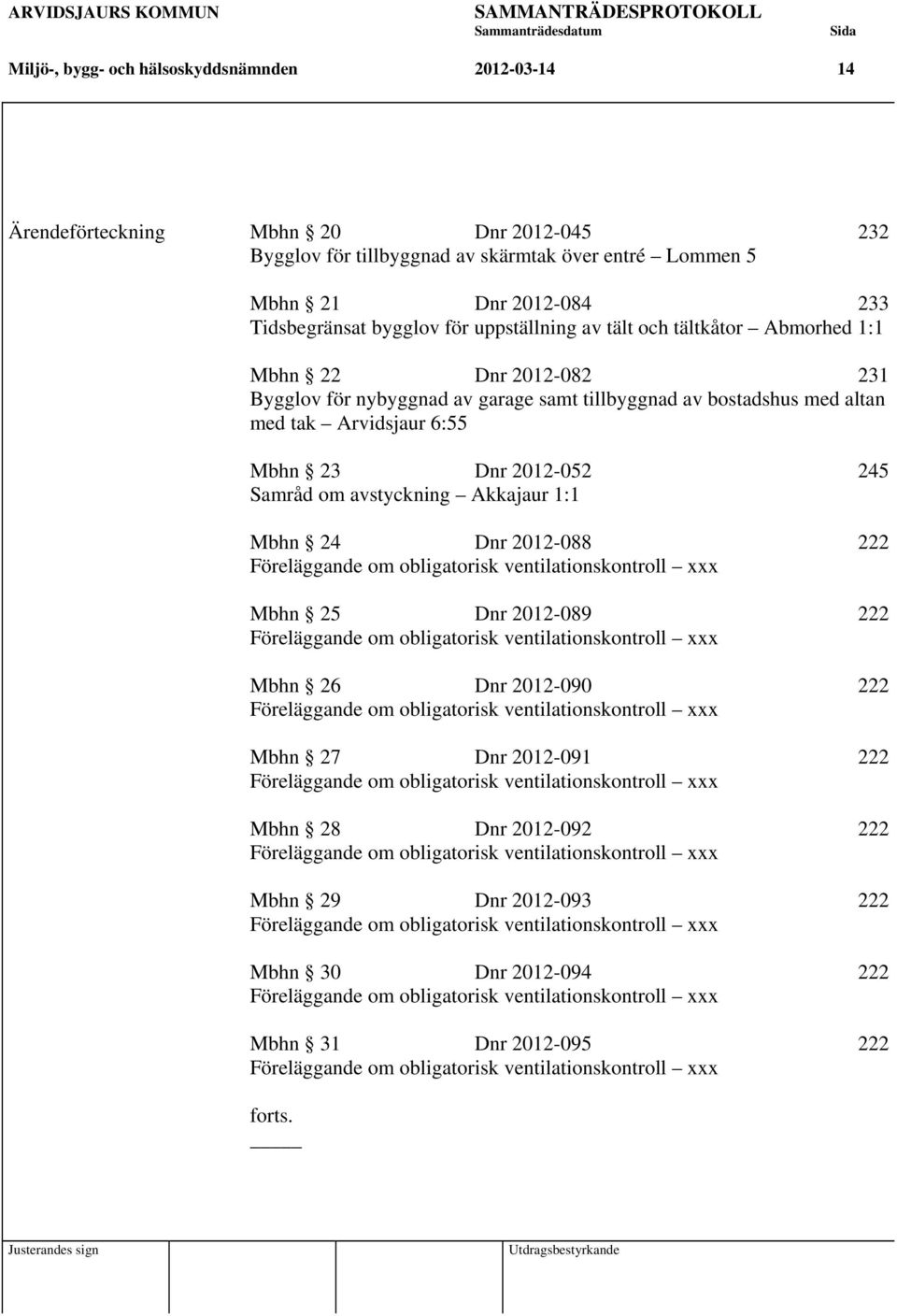 Samråd om avstyckning Akkajaur 1:1 Mbhn 24 Dnr 2012-088 222 Föreläggande om obligatorisk ventilationskontroll xxx Mbhn 25 Dnr 2012-089 222 Föreläggande om obligatorisk ventilationskontroll xxx Mbhn