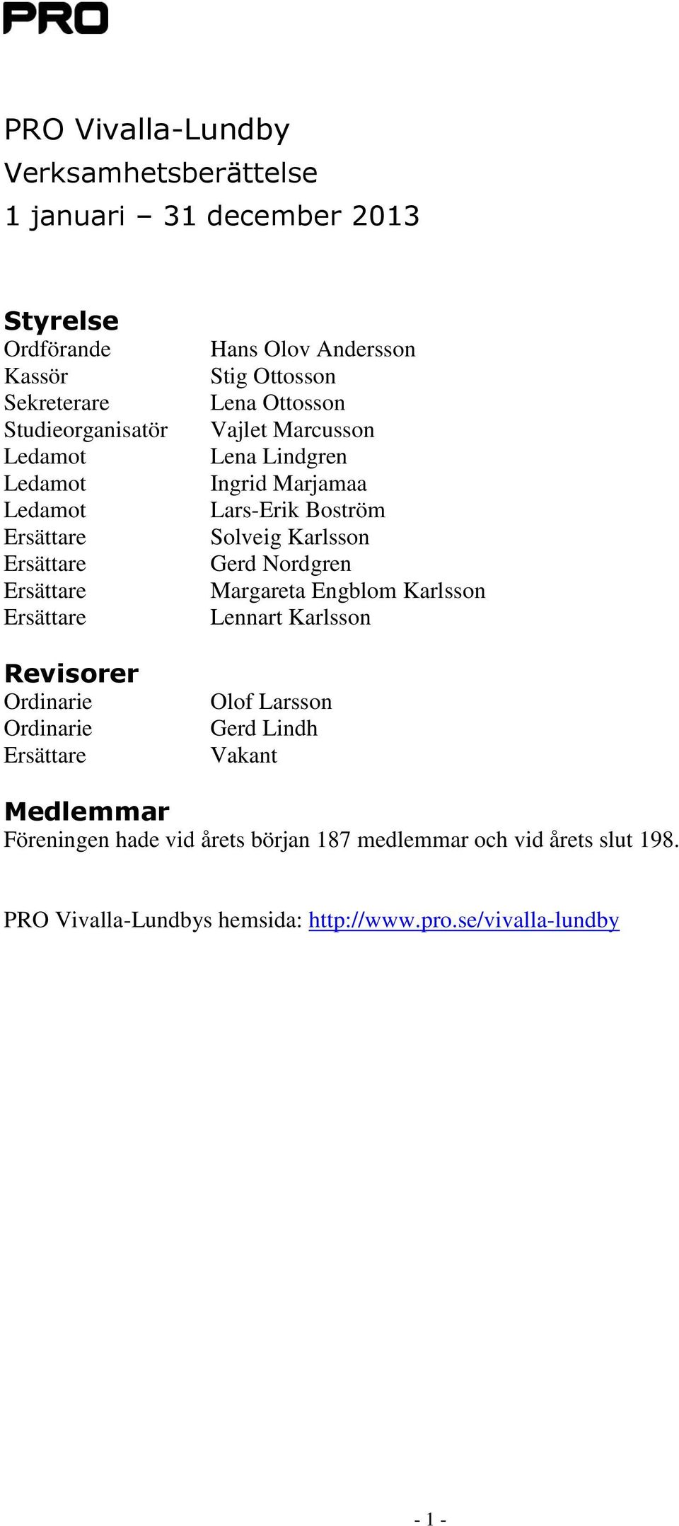 Lars-Erik Boström Solveig Karlsson Gerd Nordgren Margareta Engblom Karlsson Lennart Karlsson Olof Larsson Gerd Lindh Vakant