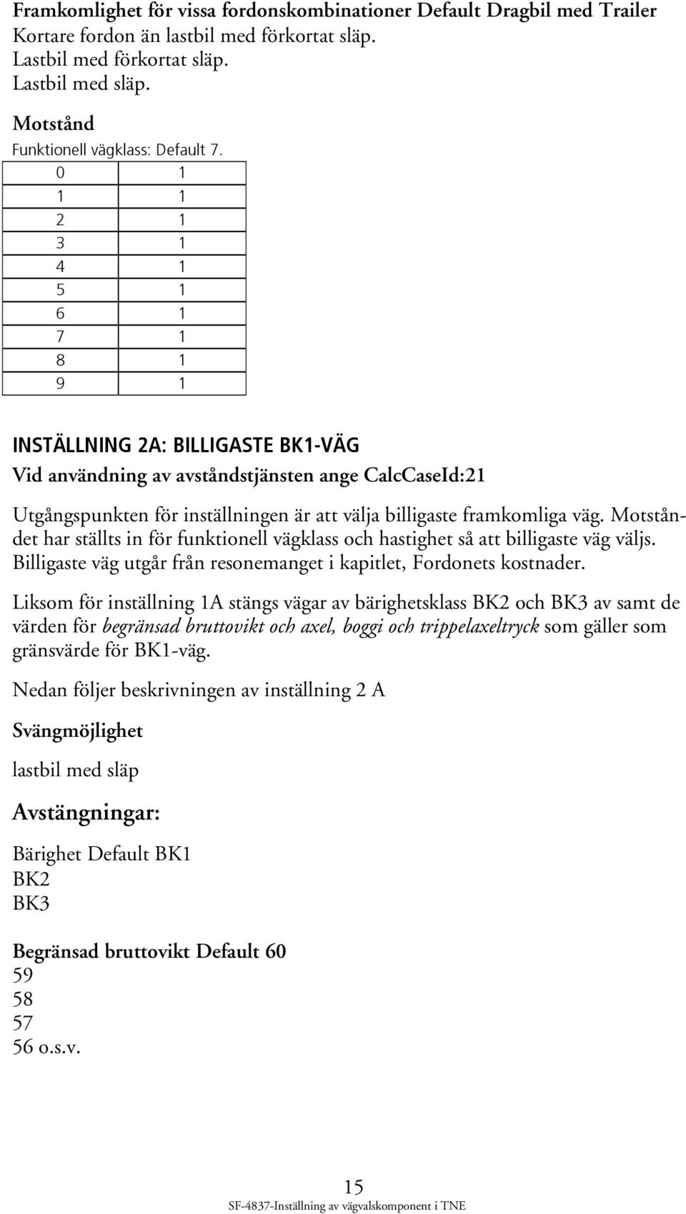 0 1 1 1 2 1 3 1 4 1 5 1 6 1 7 1 8 1 9 1 INSTÄLLNING 2A: BILLIGASTE BK1-VÄG Vid användning av avståndstjänsten ange CalcCaseId:21 Utgångspunkten för inställningen är att välja billigaste framkomliga