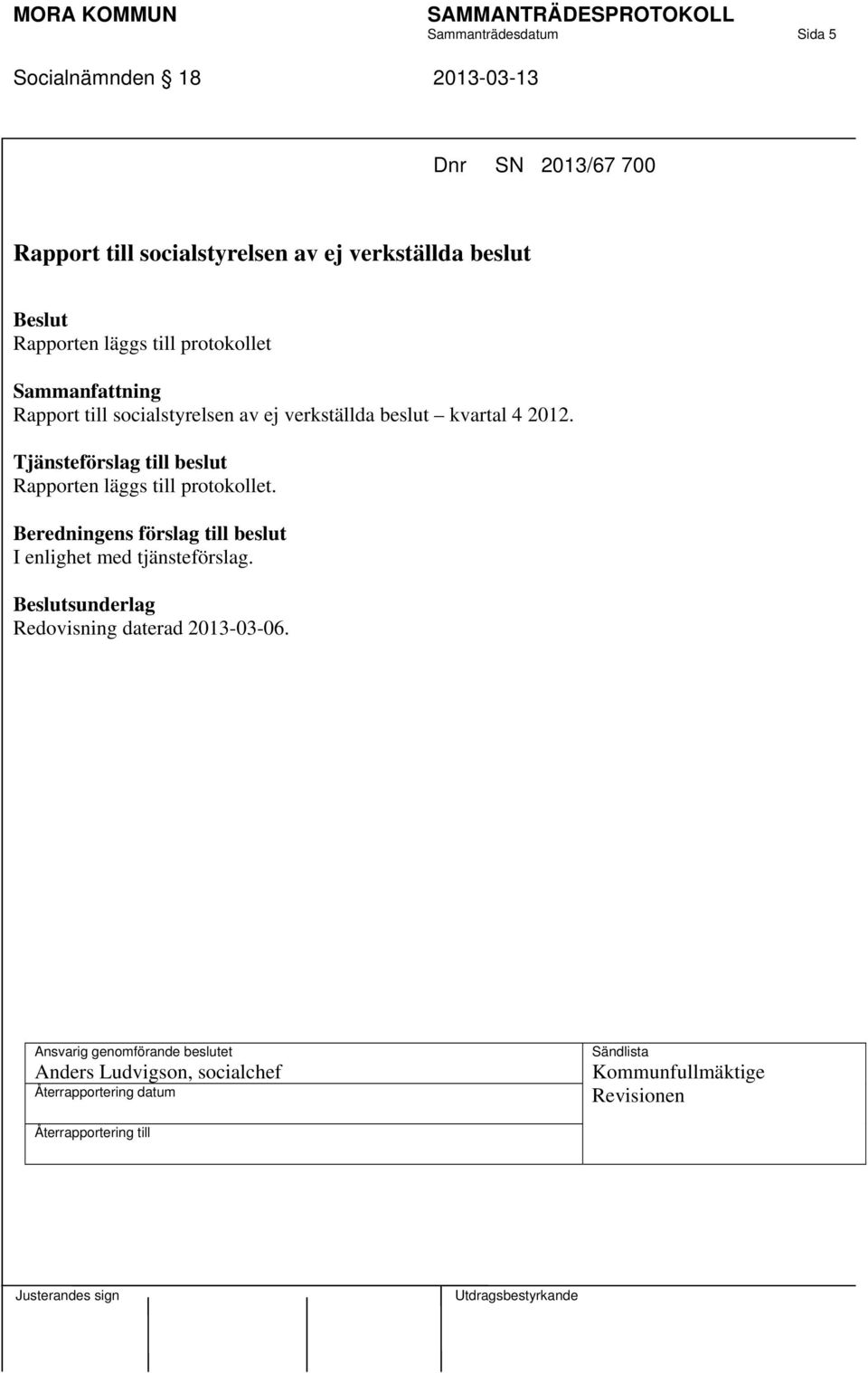 socialstyrelsen av ej verkställda beslut kvartal 4 2012. Rapporten läggs till protokollet.