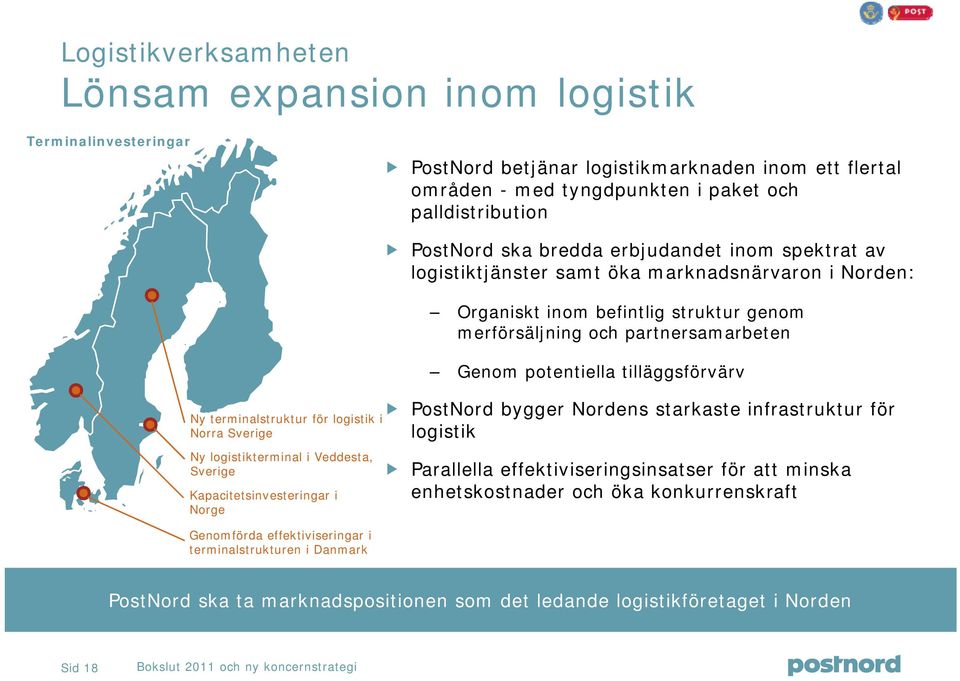 erbjudandet inom spektrat av logistiktjänster samt öka marknadsnärvaron i Norden: Organiskt inom befintlig struktur genom merförsäljning och partnersamarbeten Genom potentiella tilläggsförvärv