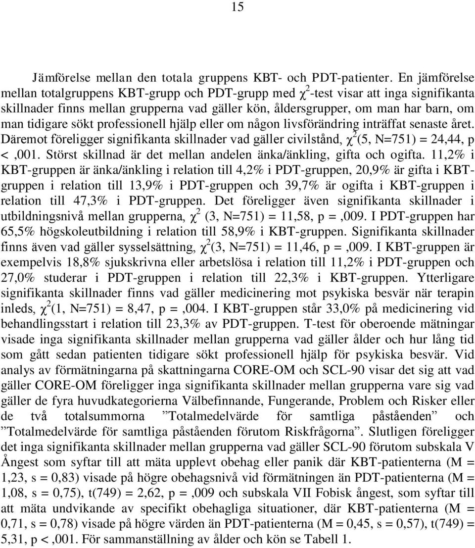 sökt professionell hjälp eller om någon livsförändring inträffat senaste året. Däremot föreligger signifikanta skillnader vad gäller civilstånd, χ 2 (5, N=751) = 24,44, p <,001.