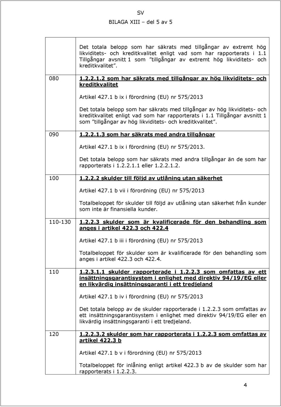 1 b ix i förordning (EU) nr 575/2013 Det totala belopp som har säkrats med tillgångar av hög likviditets- och kreditkvalitet enligt vad som har rapporterats i 1.