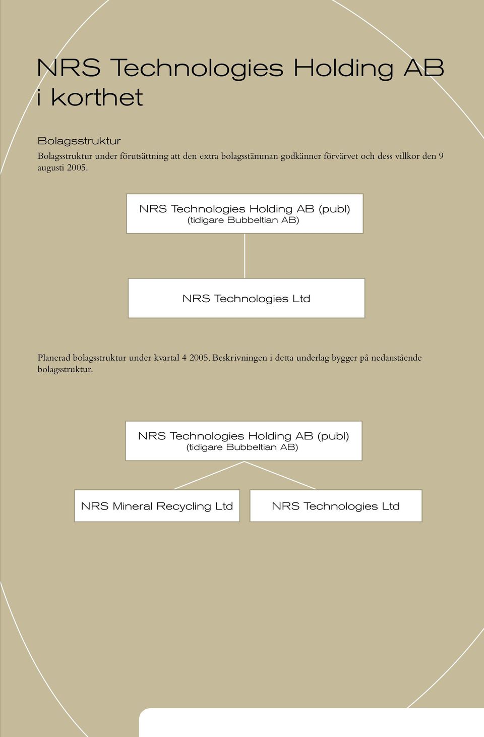 NRS Technologies Holding AB (publ) (tidigare Bubbeltian AB)) NRS Technologies Ltd Planerad bolagsstruktur under kvartal