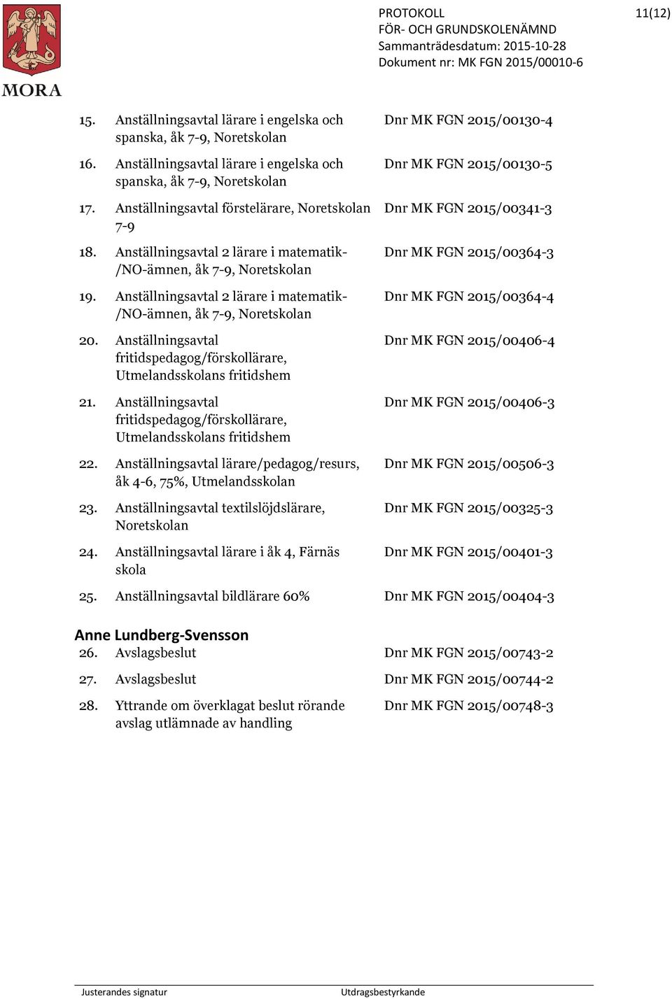 Anställningsavtal 2 lärare i matematik- /NO-ämnen, åk 7-9, Noretskolan 20. Anställningsavtal fritidspedagog/förskollärare, Utmelandsskolans fritidshem 21.