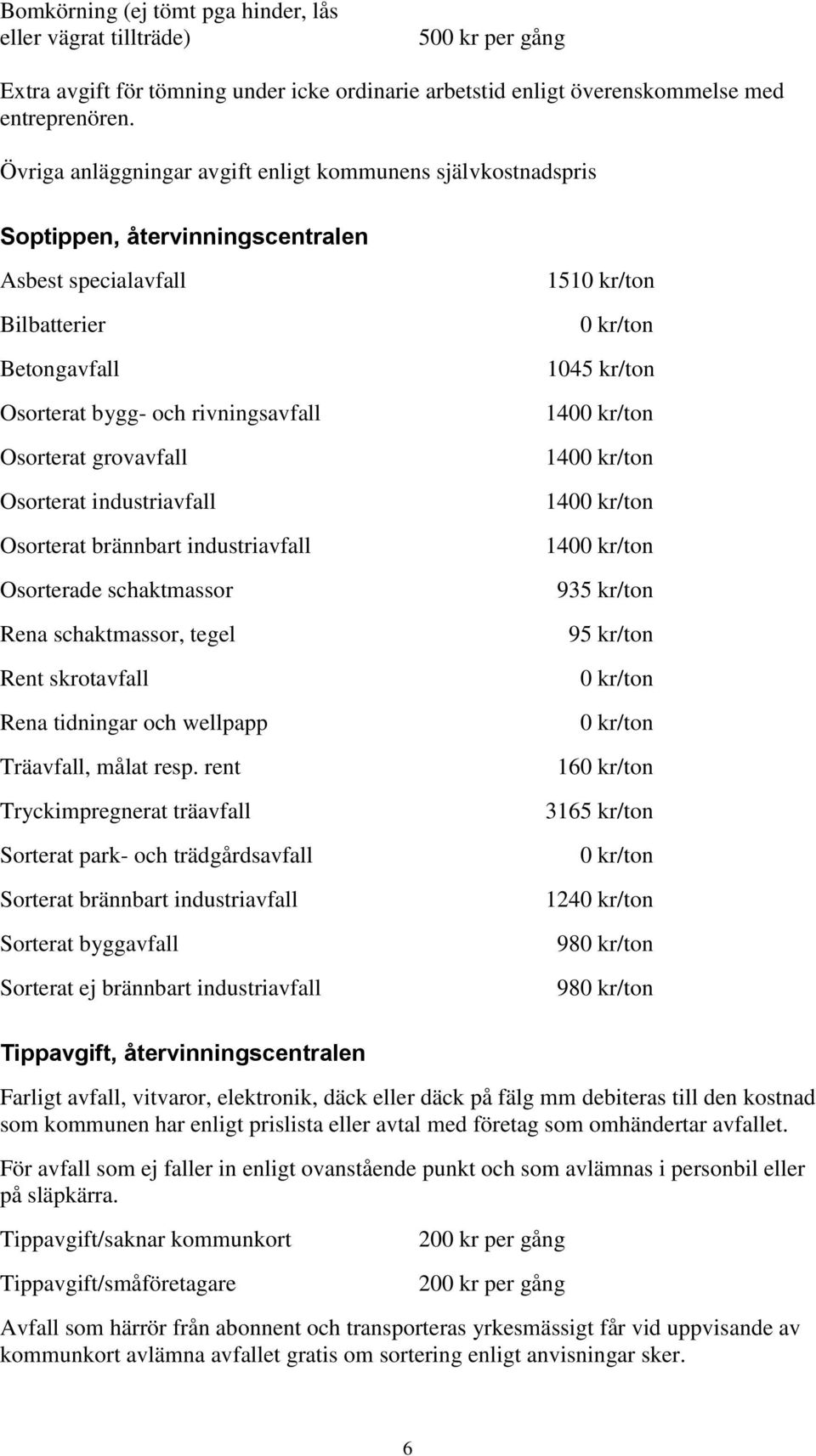 Osorterat industriavfall Osorterat brännbart industriavfall Osorterade schaktmassor Rena schaktmassor, tegel Rent skrotavfall Rena tidningar och wellpapp Träavfall, målat resp.