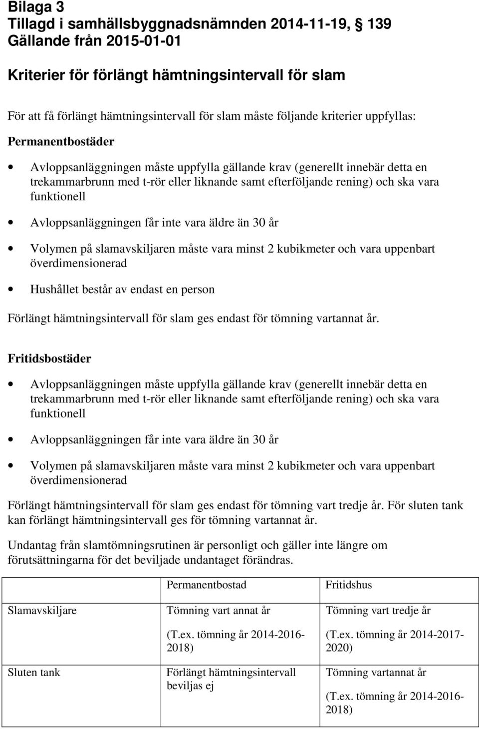 funktionell Avloppsanläggningen får inte vara äldre än 30 år Volymen på slamavskiljaren måste vara minst 2 kubikmeter och vara uppenbart överdimensionerad Hushållet består av endast en person