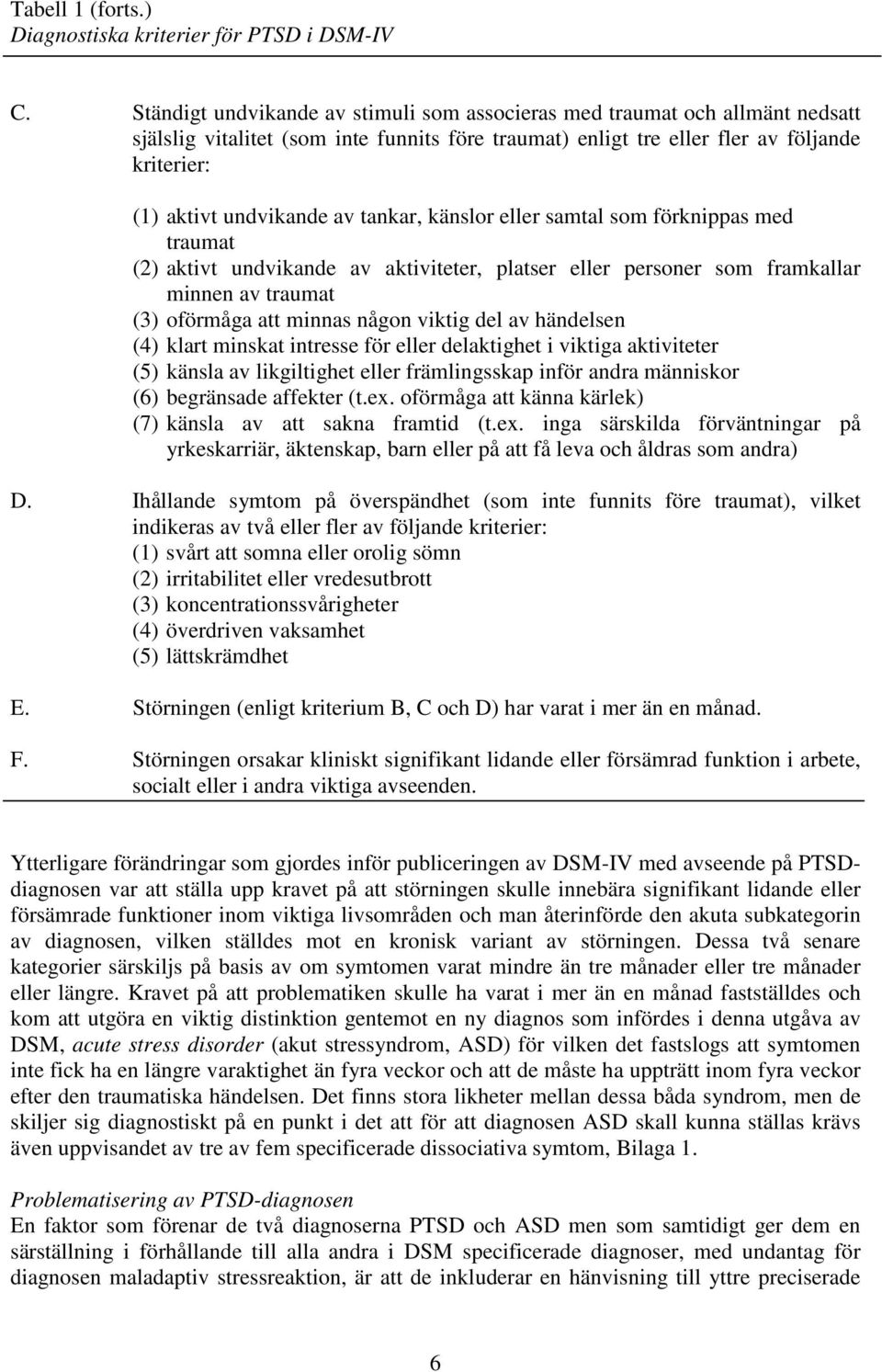 tankar, känslor eller samtal som förknippas med traumat (2) aktivt undvikande av aktiviteter, platser eller personer som framkallar minnen av traumat (3) oförmåga att minnas någon viktig del av