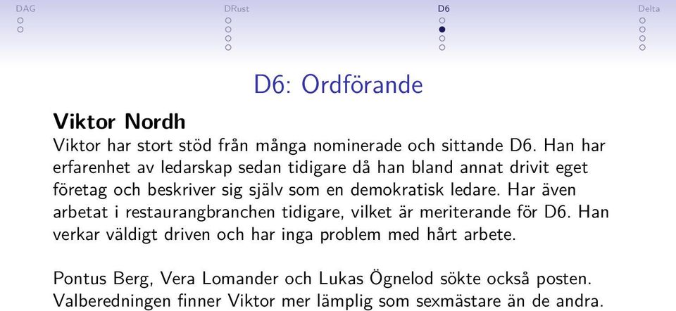 demokratisk ledare. Har även arbetat i restaurangbranchen tidigare, vilket är meriterande för D6.