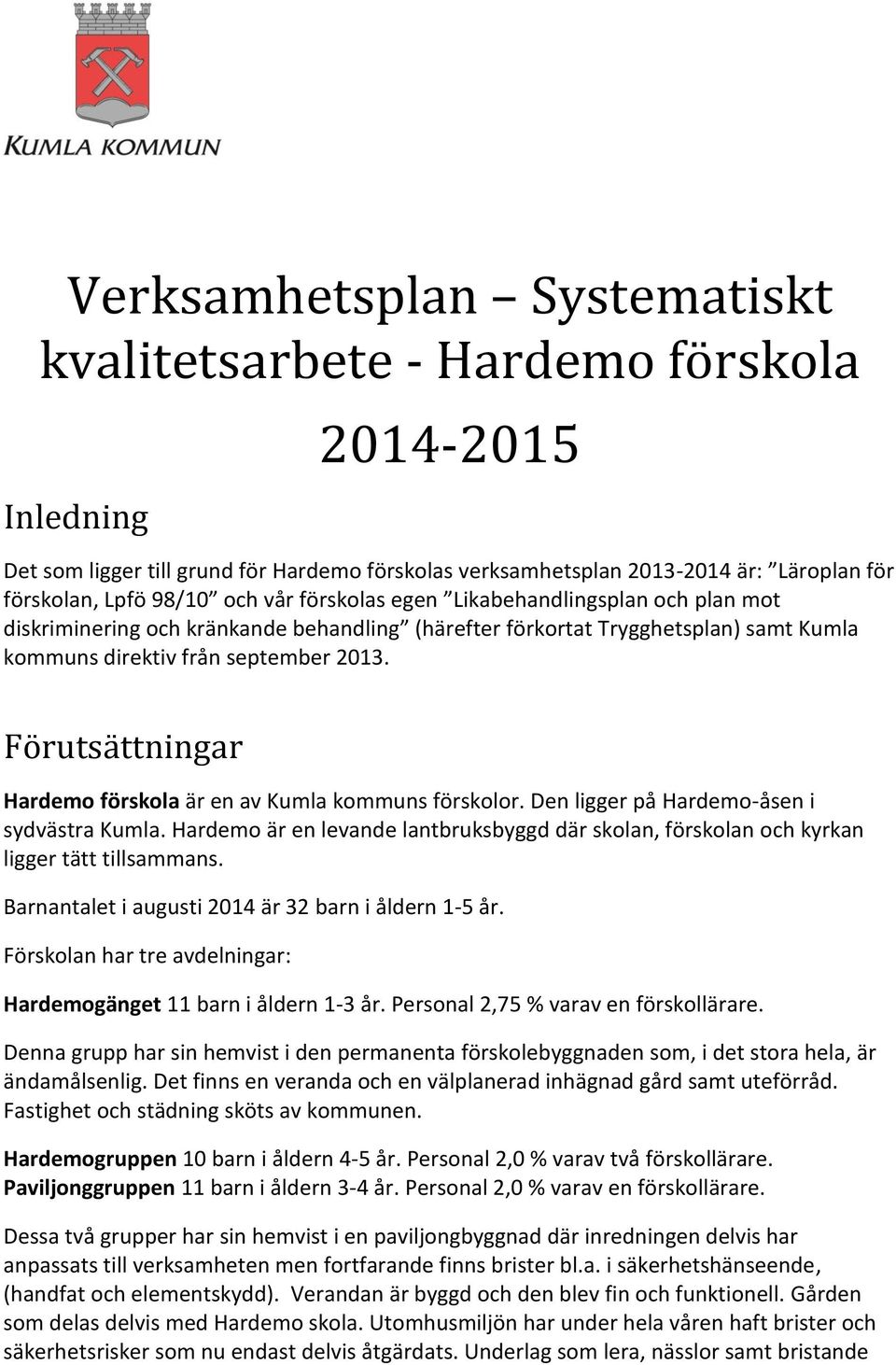 Förutsättningar Hardemo förskola är en av Kumla kommuns förskolor. Den ligger på Hardemo-åsen i sydvästra Kumla.