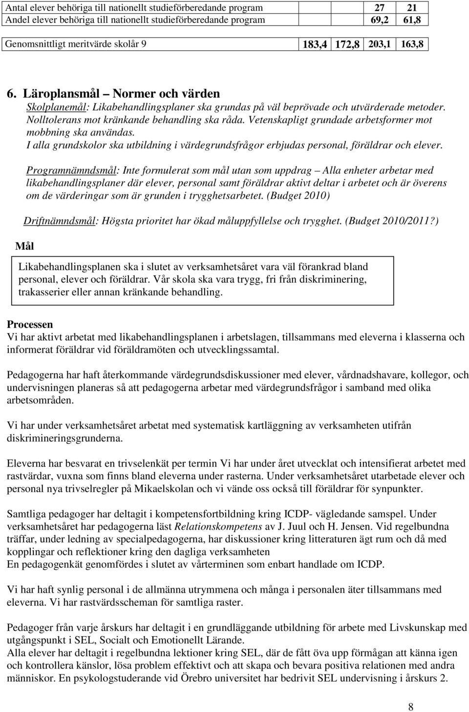 Vetenskapligt grundade arbetsformer mot mobbning ska användas. I alla grundskolor ska utbildning i värdegrundsfrågor erbjudas personal, föräldrar och elever.