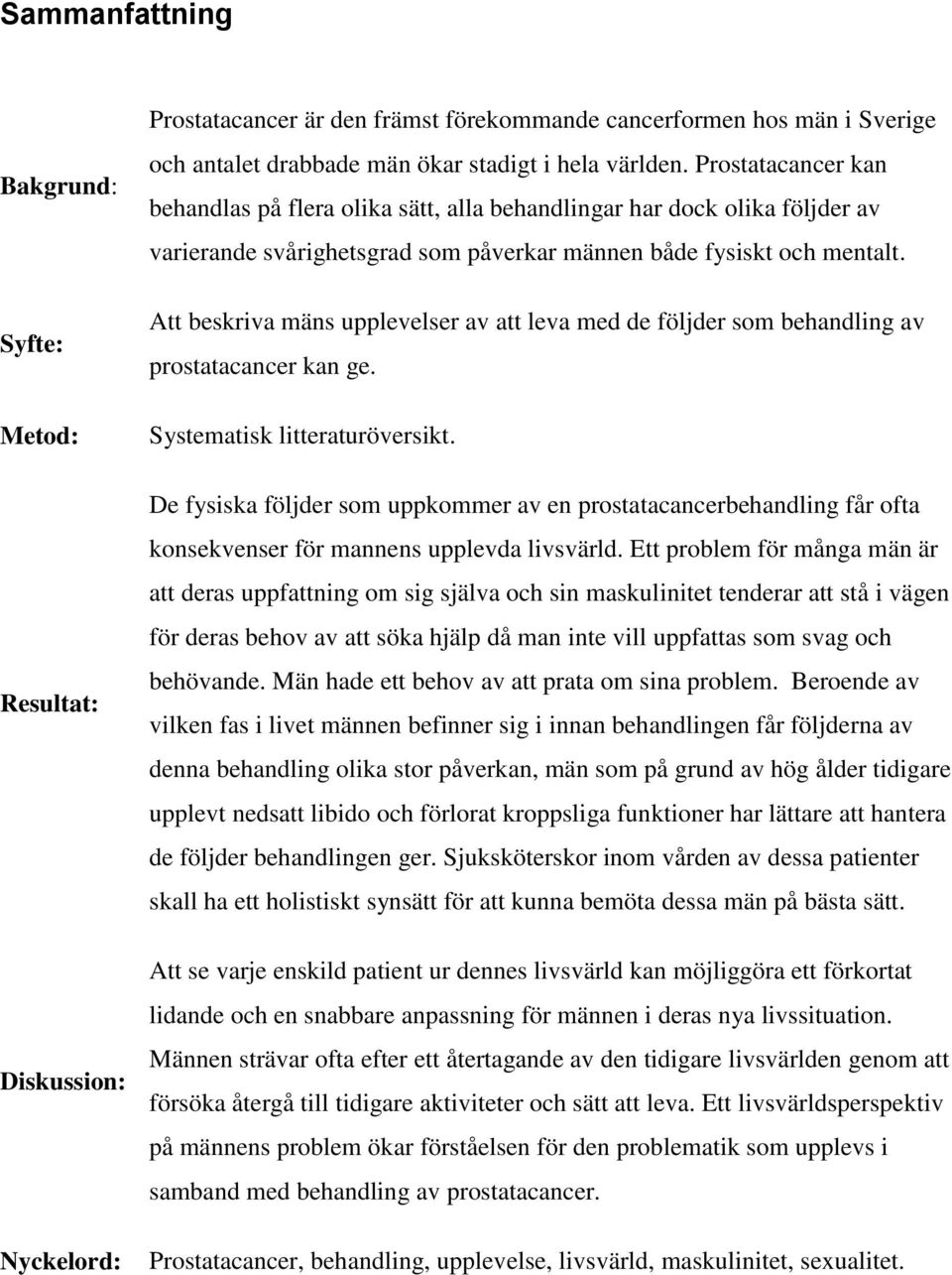 Att beskriva mäns upplevelser av att leva med de följder som behandling av prostatacancer kan ge. Systematisk litteraturöversikt.