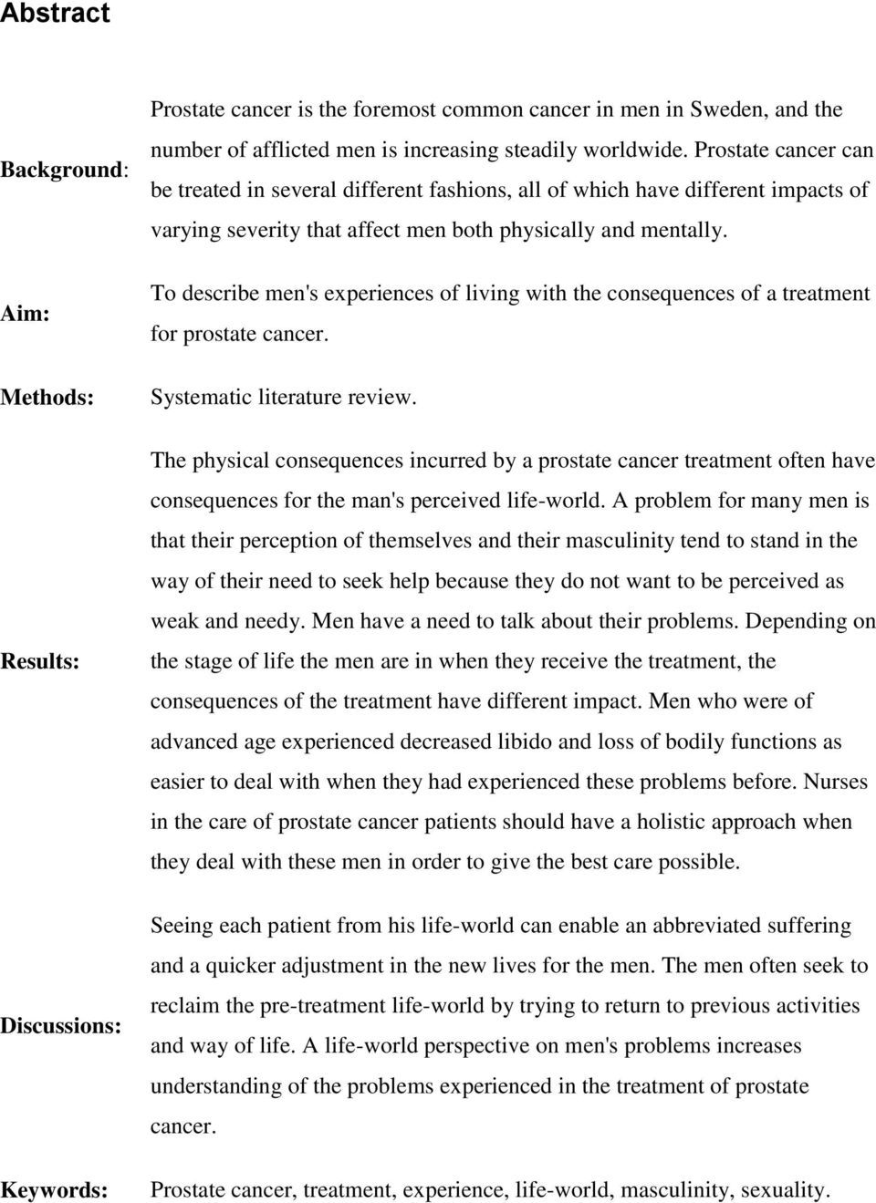 To describe men's experiences of living with the consequences of a treatment for prostate cancer. Systematic literature review.
