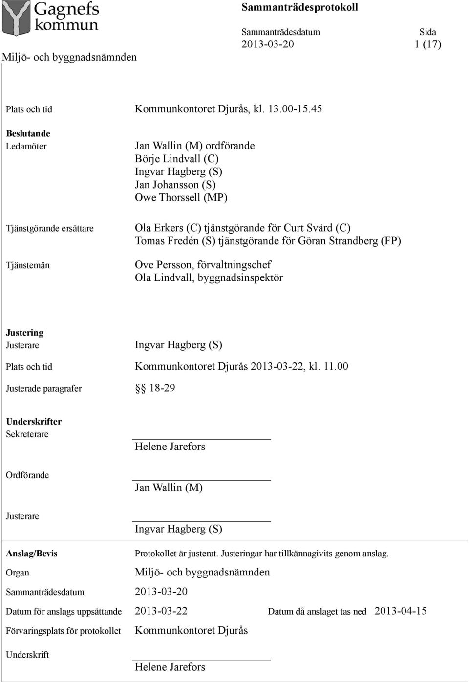 Svärd (C) Tomas Fredén (S) tjänstgörande för Göran Strandberg (FP) Ove Persson, förvaltningschef Ola Lindvall, byggnadsinspektör Justering Ingvar Hagberg (S) Plats och tid Kommunkontoret Djurås