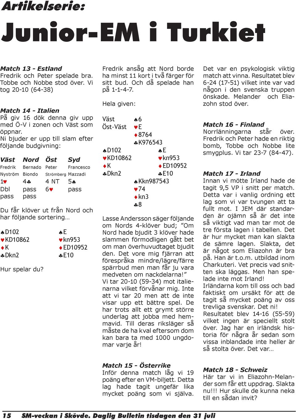 Ni bjuder er upp till slam efter följande budgivning: Fredrik Bernado Peter Francesco Nyström Biondo Strömberg Mazzadi 1 4 4 NT 5 Dbl pass 6 pass pass pass Du får klöver ut från Nord och har följande