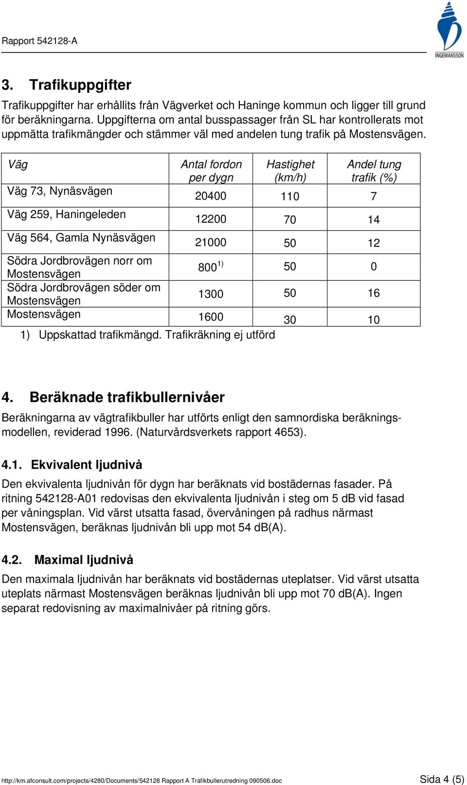 Väg Väg 73, Nynäsvägen Väg 259, Haningeleden Väg 564, Gamla Nynäsvägen Antal fordon per dygn Hastighet (km/h) Andel tung trafik (%) 20400 110 7 12200 70 14 21000 50 12 Södra Jordbrovägen norr om