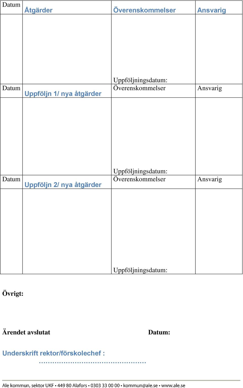 Datum Uppföljn 2/ nya åtgärder Överenskommelser Ansvarig