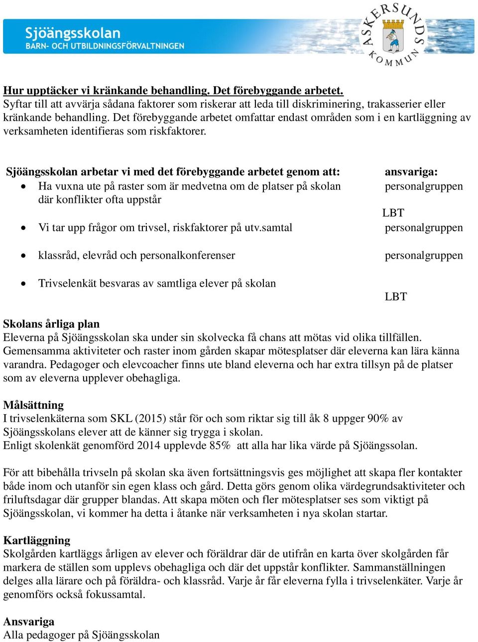 Sjöängsskolan arbetar vi med det förebyggande arbetet genom att: ansvariga: Ha vuxna ute på raster som är medvetna om de platser på skolan personalgruppen där konflikter ofta uppstår LBT Vi tar upp