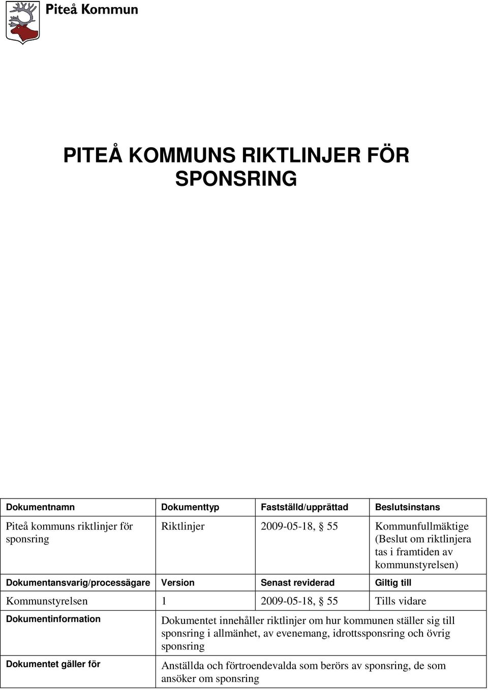 till Kommunstyrelsen 1 2009-05-18, 55 Tills vidare Dokumentinformation Dokumentet gäller för Dokumentet innehåller riktlinjer om hur kommunen ställer sig