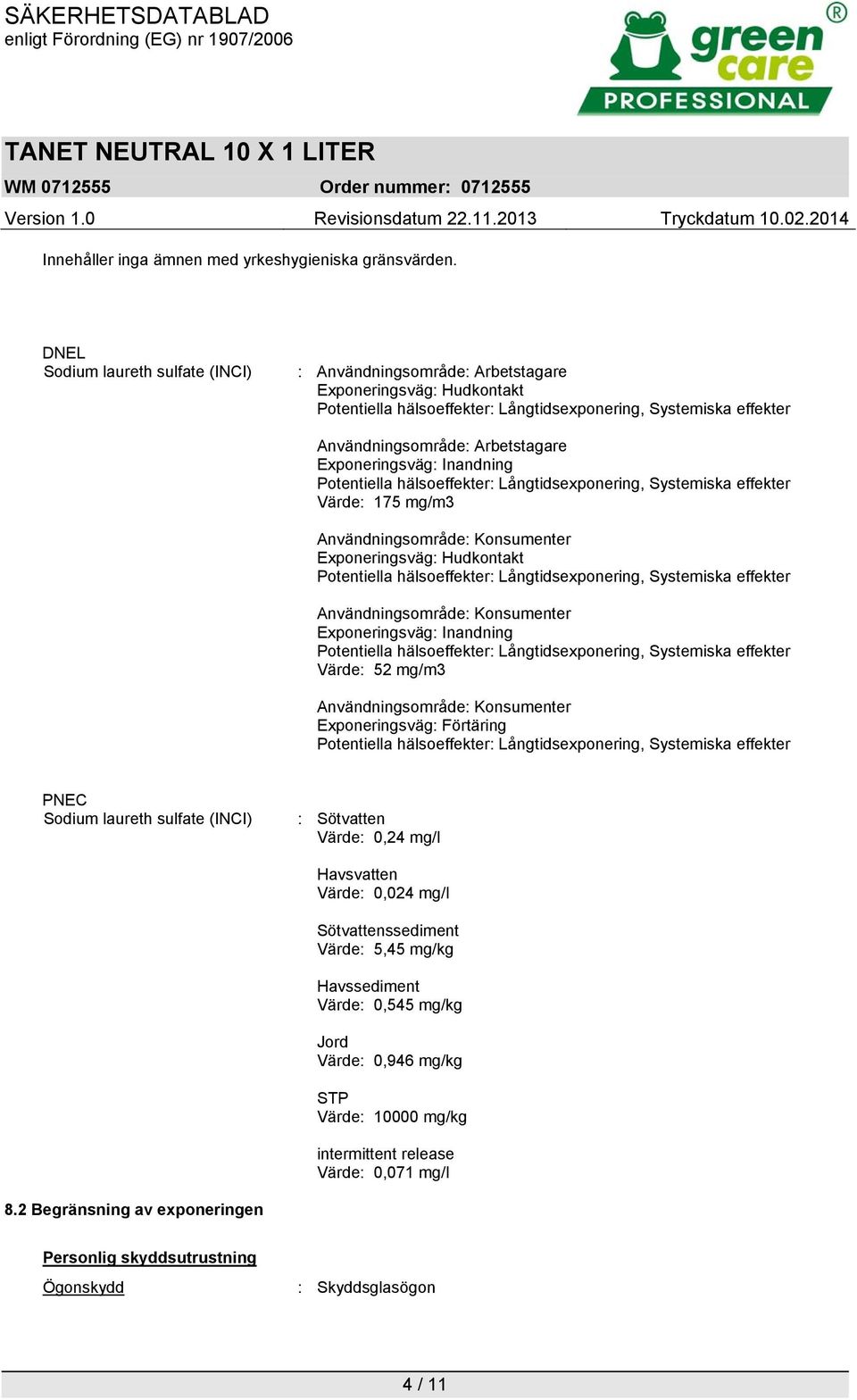 Exponeringsväg: Inandning Potentiella hälsoeffekter: Långtidsexponering, Systemiska effekter Värde: 175 mg/m3 Användningsområde: Konsumenter Exponeringsväg: Hudkontakt Potentiella hälsoeffekter:
