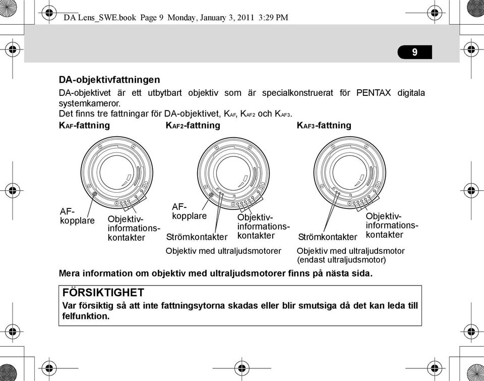 Det finns tre fattningar för DA-objektivet, KAF, KAF2 och KAF3.