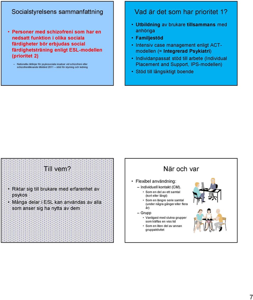 Utbildning av brukare tillsammans med anhöriga Familjestöd Intensiv case management enligt ACTmodellen (= Integrerad Psykiatri) Individanpassat stöd till arbete (Individual Placement and Support,