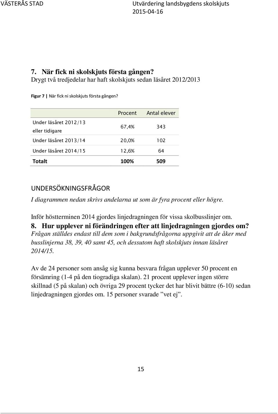 andelarna ut som är fyra procent eller högre. Inför höstterminen 2014 gjordes linjedragningen för vissa skolbusslinjer om. 8. Hur upplever ni förändringen efter att linjedragningen gjordes om?