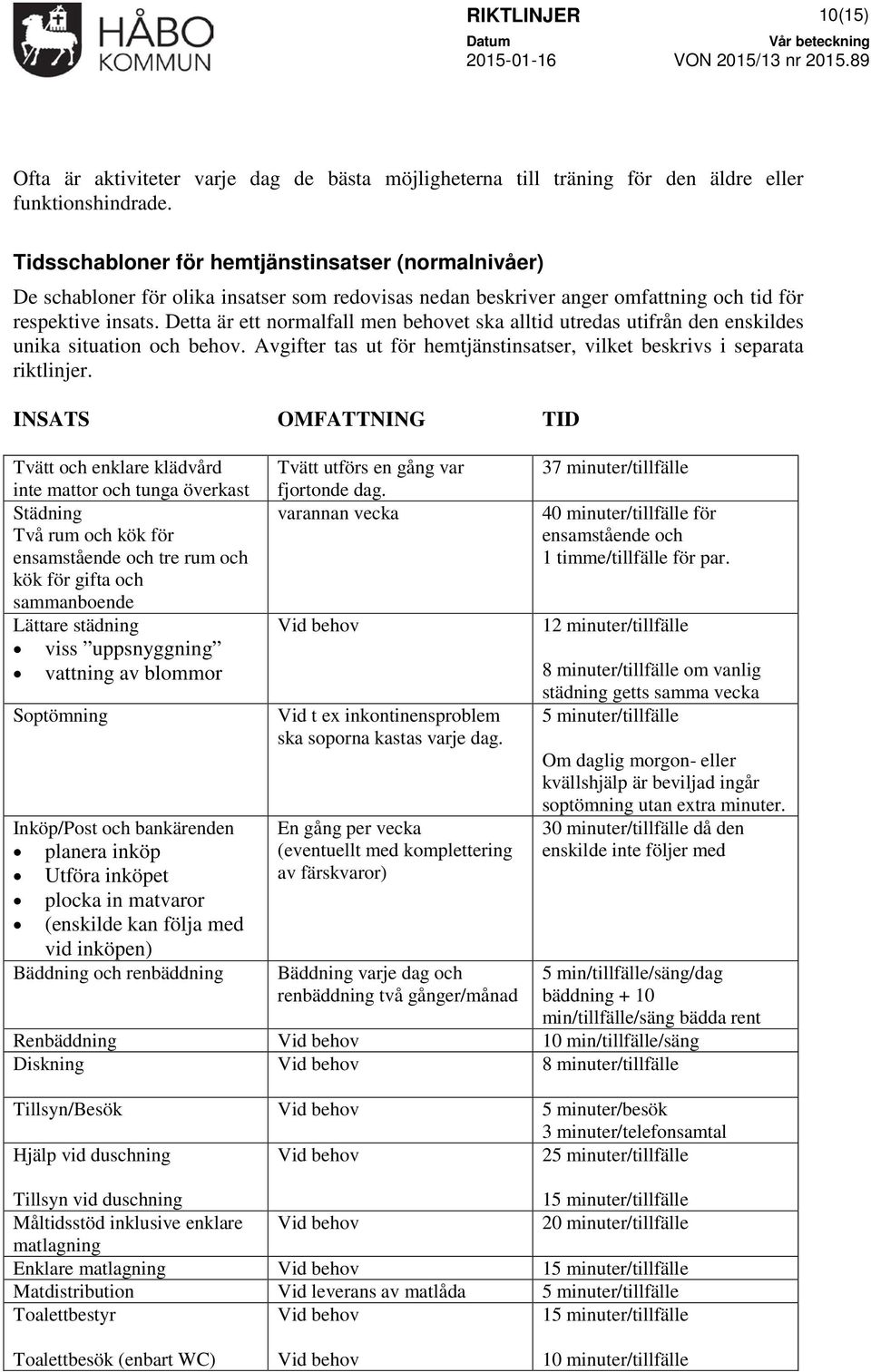 Detta är ett normalfall men behovet ska alltid utredas utifrån den enskildes unika situation och behov. Avgifter tas ut för hemtjänstinsatser, vilket beskrivs i separata riktlinjer.