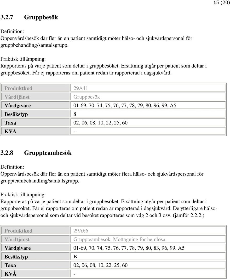 29A41 Gruppbesök Vårdgivare 01-69, 70, 74, 75, 76, 77, 78, 79, 80, 96, 99, A5 Besökstyp 8 Taxa 02, 06, 08, 10, 22, 25, 60 KVÅ - 3.2.8 Gruppteambesök Öppenvårdsbesök där fler än en patient samtidigt möter flera hälso- och sjukvårdspersonal för gruppteambehandling/samtalsgrupp.