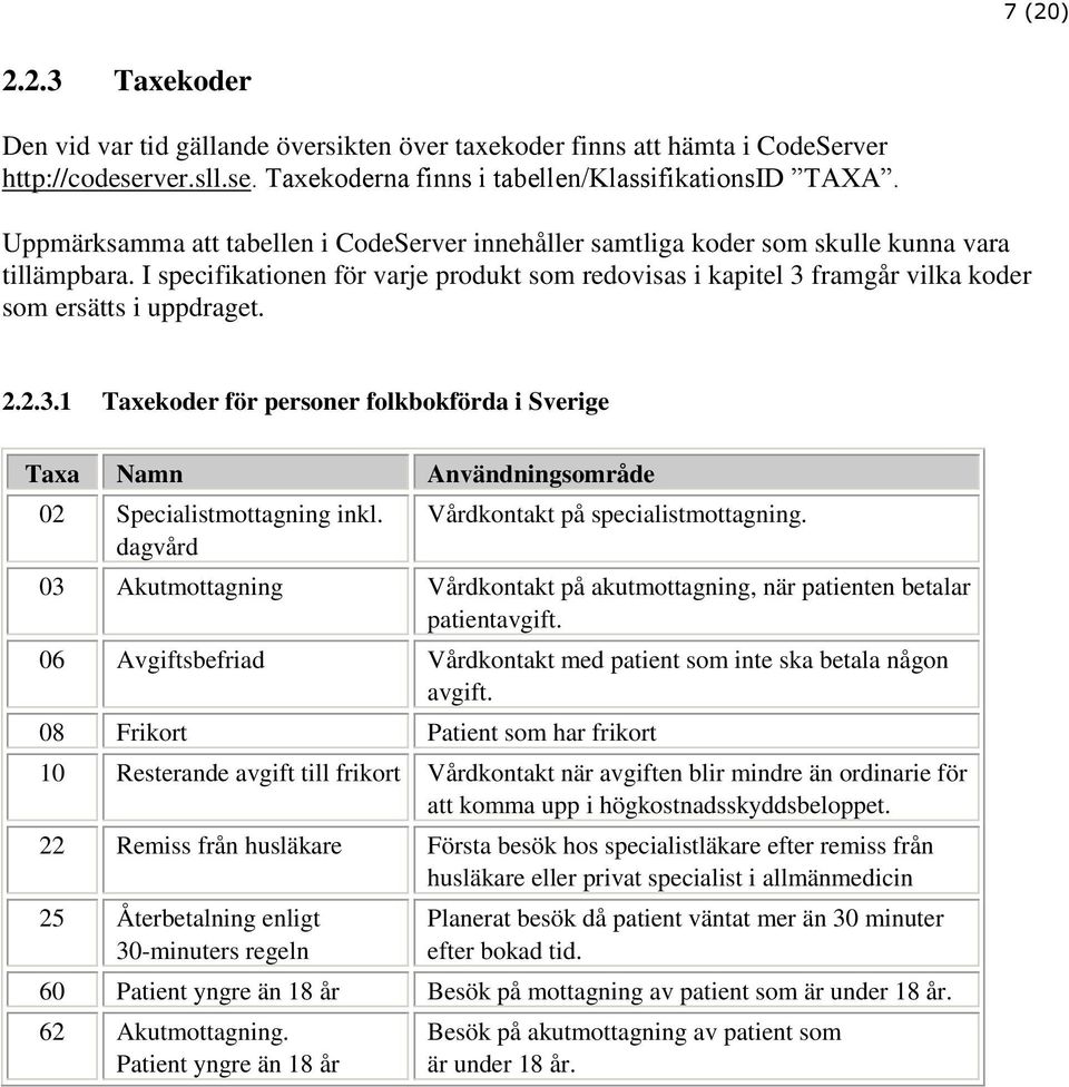 I specifikationen för varje produkt som redovisas i kapitel 3 framgår vilka koder som ersätts i uppdraget. 2.2.3.1 Taxekoder för personer folkbokförda i Sverige Taxa Namn Användningsområde 02 Specialistmottagning inkl.