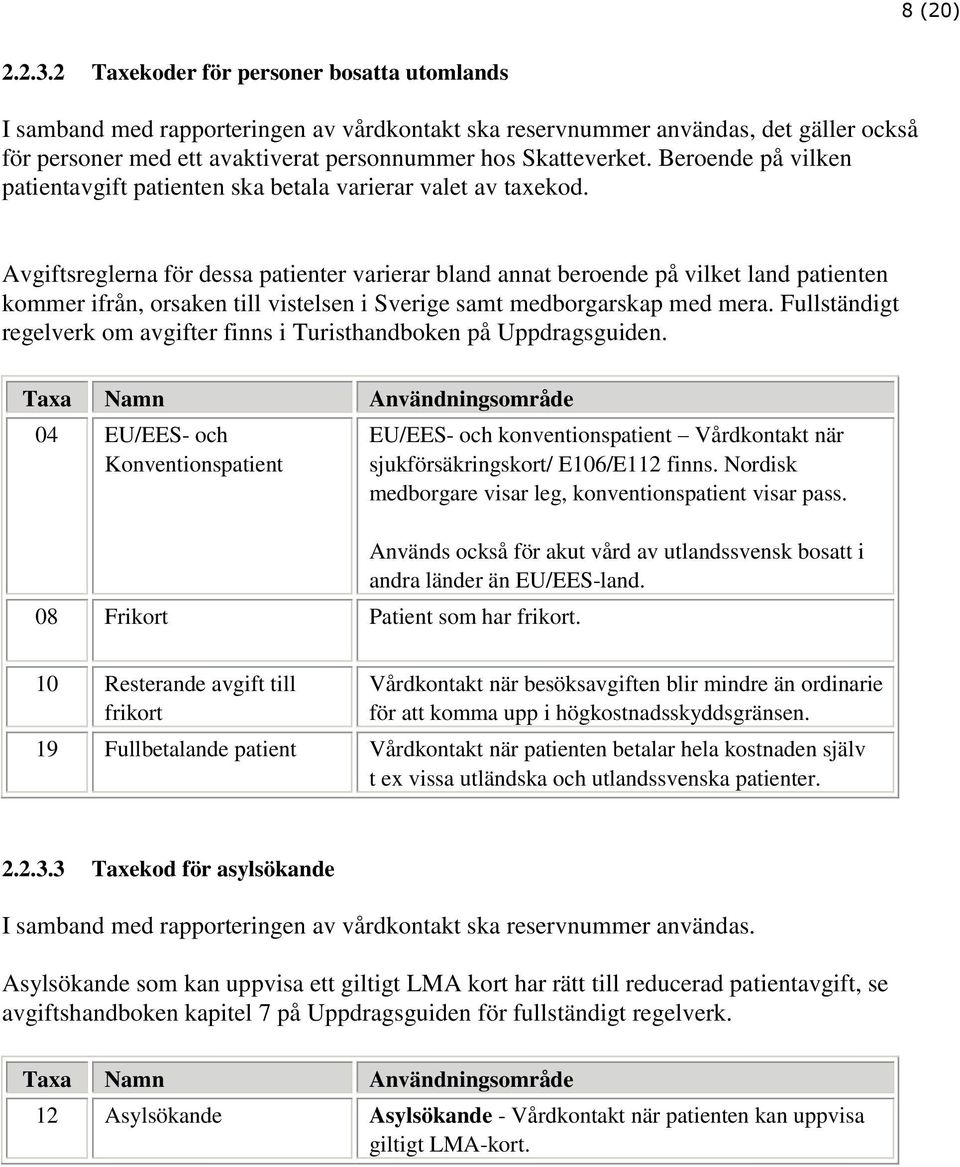 Beroende på vilken patientavgift patienten ska betala varierar valet av taxekod.