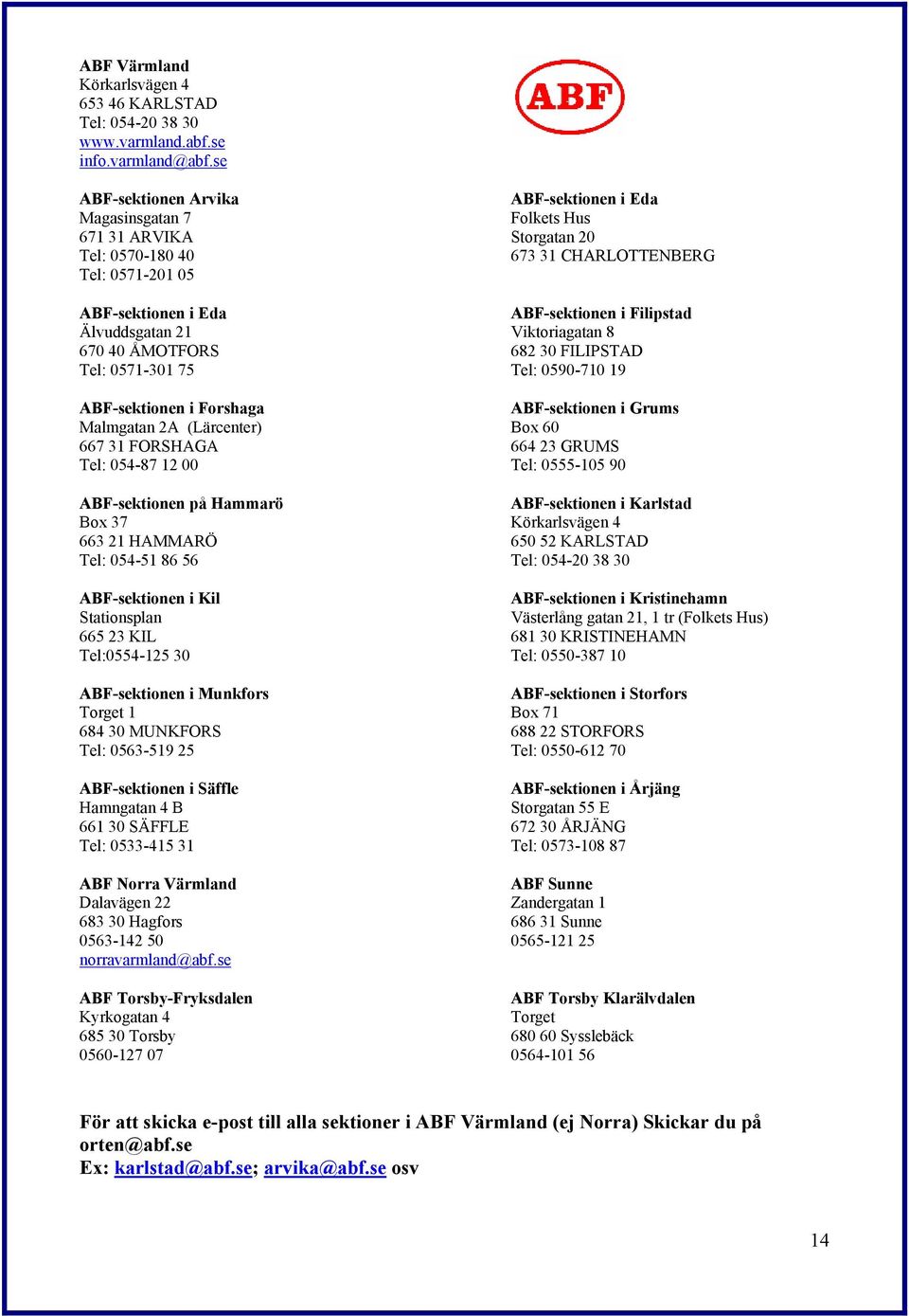 Filipstad Älvuddsgatan 21 Viktoriagatan 8 670 40 ÅMOTFORS 682 30 FILIPSTAD Tel: 0571-301 75 Tel: 0590-710 19 ABF-sektionen i Forshaga ABF-sektionen i Grums Malmgatan 2A (Lärcenter) Box 60 667 31