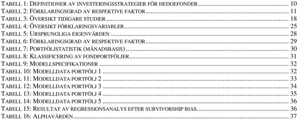 .. 29 TABELL 7: PORTFÖLJSTATISTIK (MÅNADSBASIS)... 30 TABELL 8: KLASSIFICERING AV FONDPORTFÖLJER... 31 TABELL 9: MODELLSPECIFIKATIONER... 32 TABELL 10: MODELLDATA PORTFÖLJ 1.