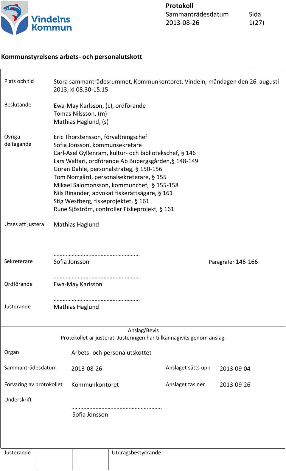 Lars Waltari, ordförande Ab Bubergsgården, 148-149 Göran Dahle, personalstrateg, 150-156 Tom Norrgård, personalsekreterare, 155 Mikael Salomonsson, kommunchef, 155-158 Nils Rinander, advokat