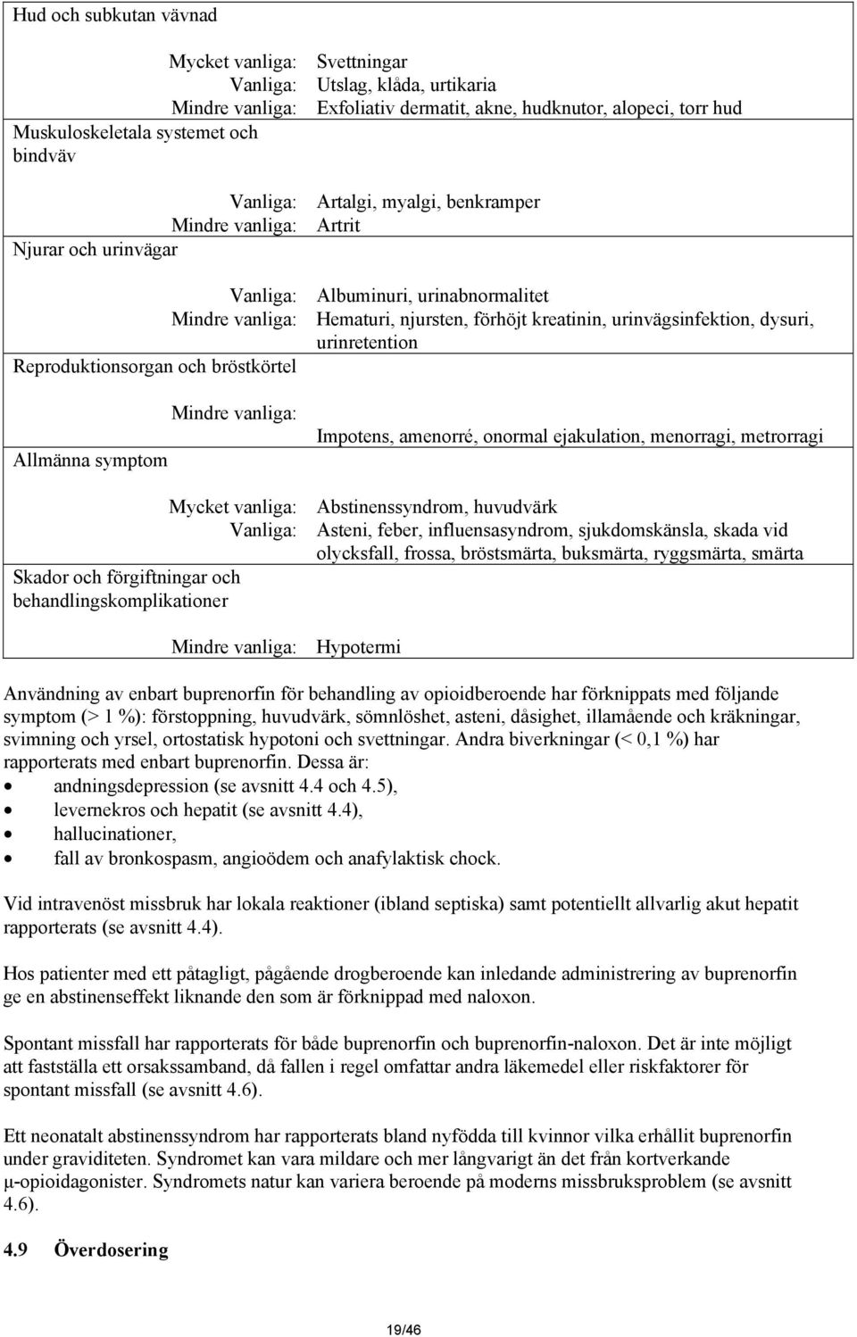 njursten, förhöjt kreatinin, urinvägsinfektion, dysuri, urinretention Impotens, amenorré, onormal ejakulation, menorragi, metrorragi Abstinenssyndrom, huvudvärk Asteni, feber, influensasyndrom,