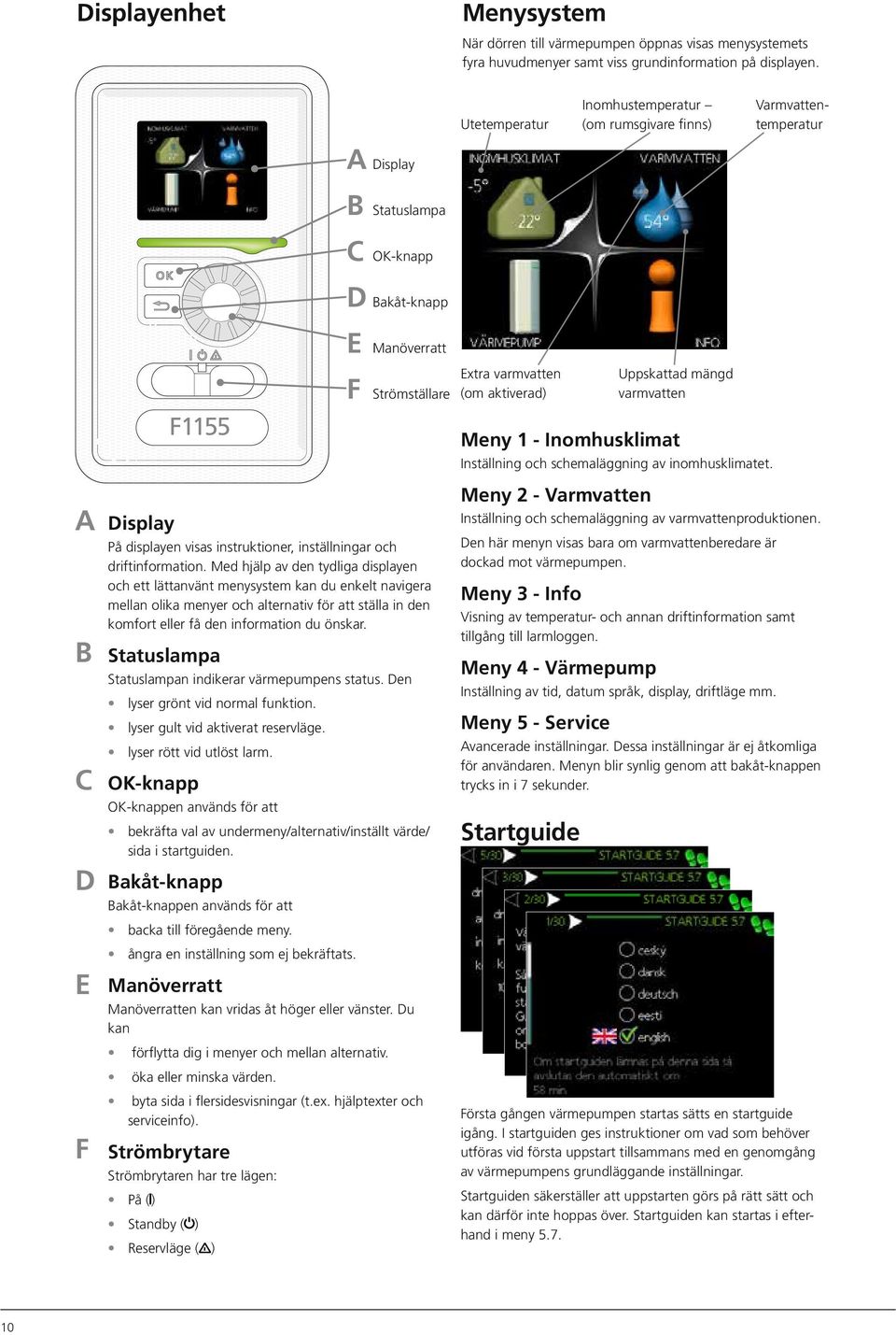 Uppskattad mängd varmvatten Meny 1 - Inomhusklimat Inställning och schemaläggning av inomhusklimatet. A B C D E F Display På displayen visas instruktioner, inställningar och driftinformation.